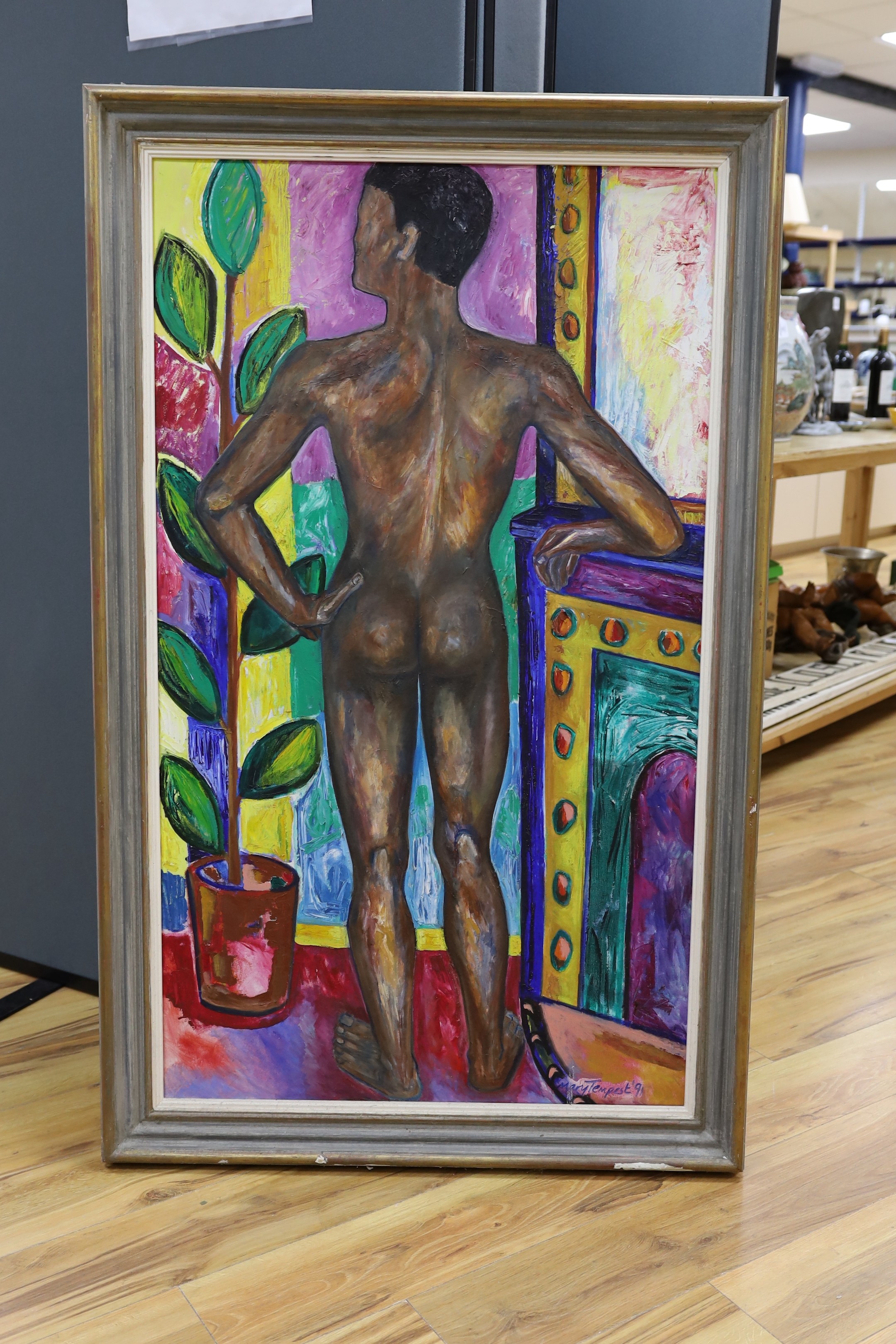 Mary Tempest (20th C.), oil on canvas, Standing male nude, signed and dated '91, 120 x 69cm